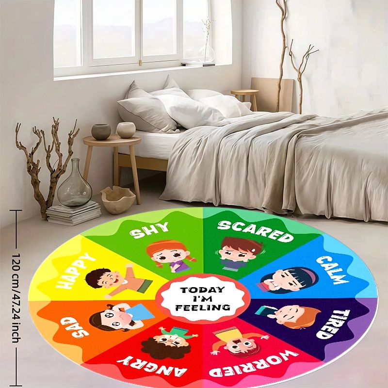 Kids Education Charts - سجادة دائرية للأطفال بتصميم عجلة المشاعر،